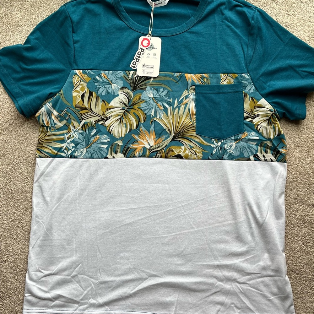 PatPat Mens Beach Teal Palm Island Vacation Pocket T-shirt